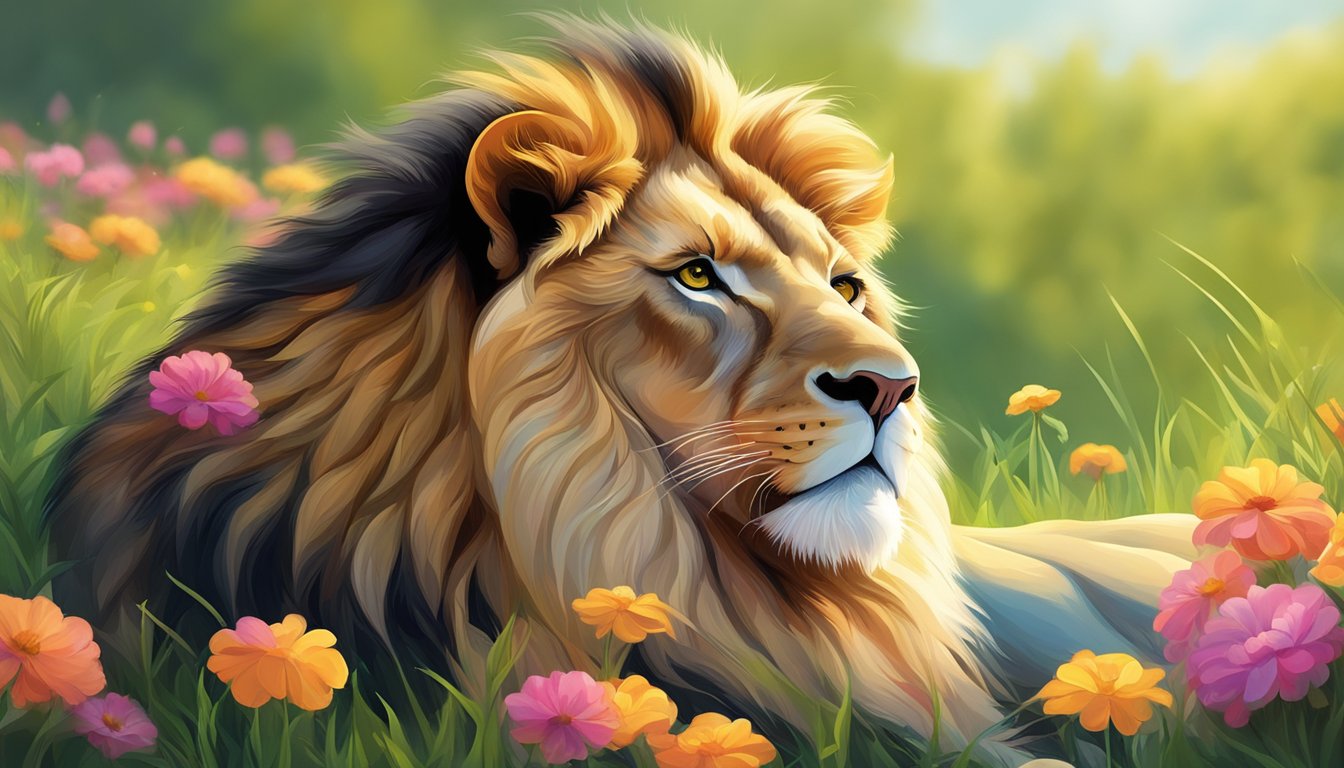 A lion basking in the warm glow of the sun, surrounded by lush green grass and vibrant flowers