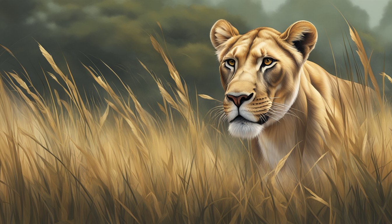 A lioness stalks through tall grass, her muscles rippling as she hunts for her next meal. The scent of blood and raw meat fills the air