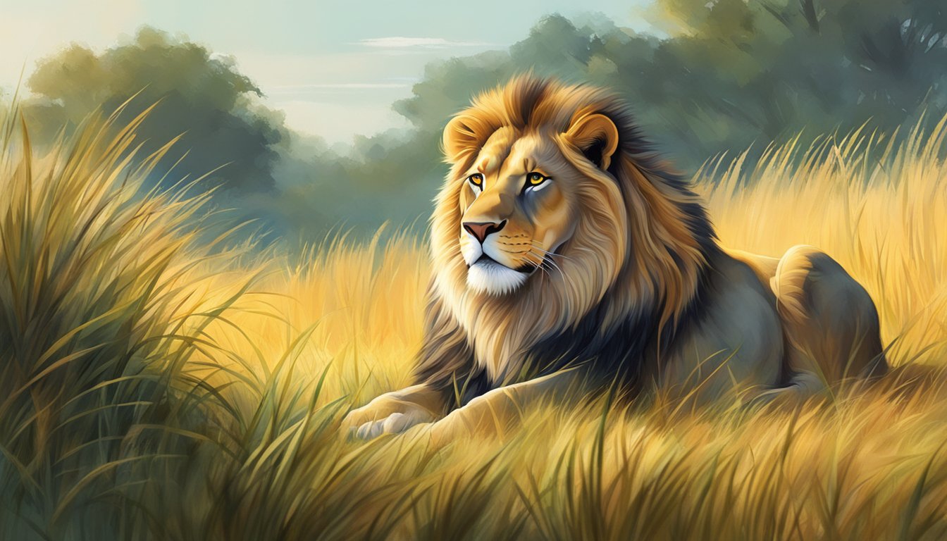 A lion basking in the sunlight, surrounded by a lush savanna filled with tall grass and vibrant foliage