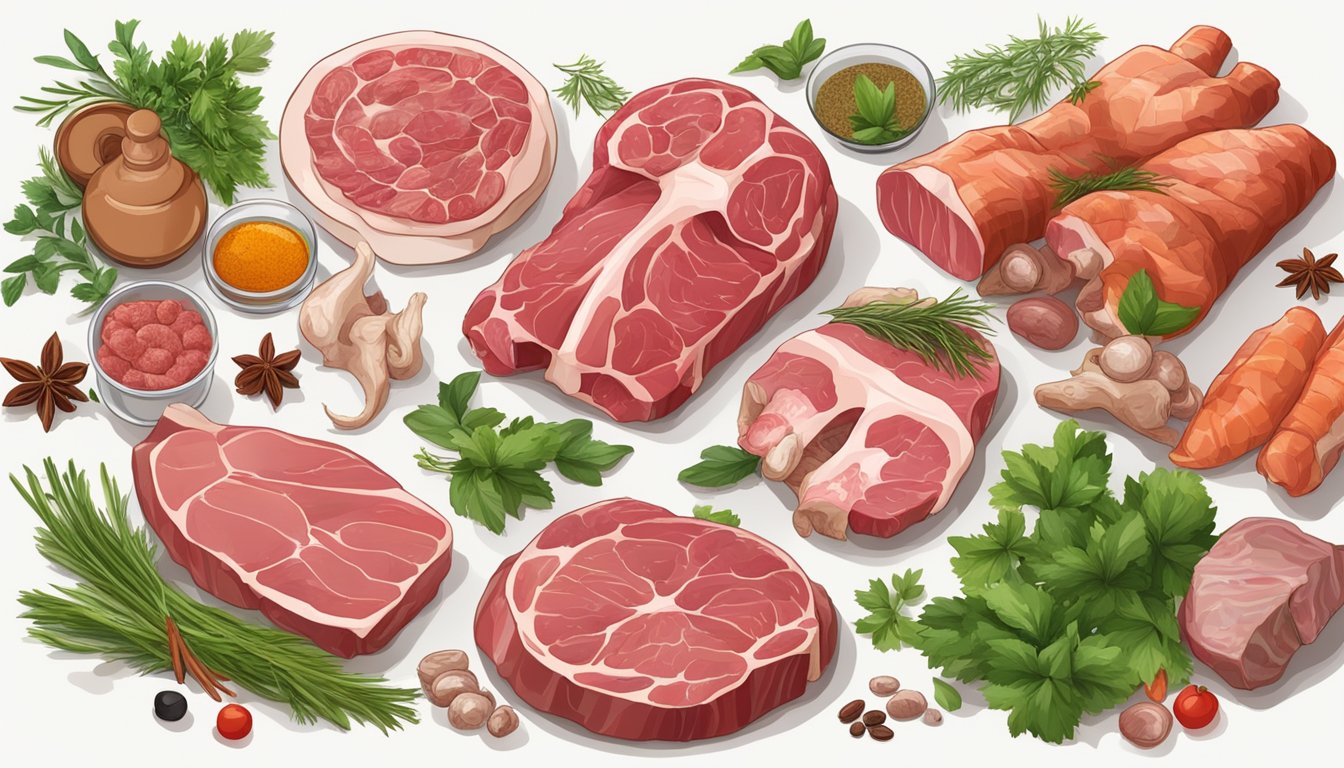 A table set with a variety of raw meats, bones, and organs, surrounded by fresh herbs and spices