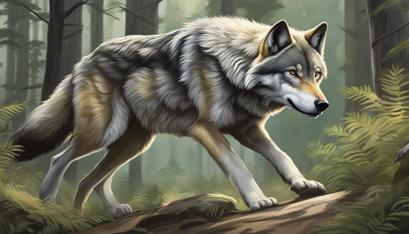 A wolf prowls through a dense forest, its senses heightened as it adapts to its carnivorous diet. Its natural scent wafts through the air, blending with the earthy aroma of the wilderness