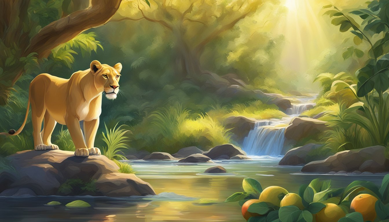 A lioness drinks from a clear stream, surrounded by lush greenery and a variety of colorful fruits. The sun shines brightly overhead, casting a warm glow on the scene