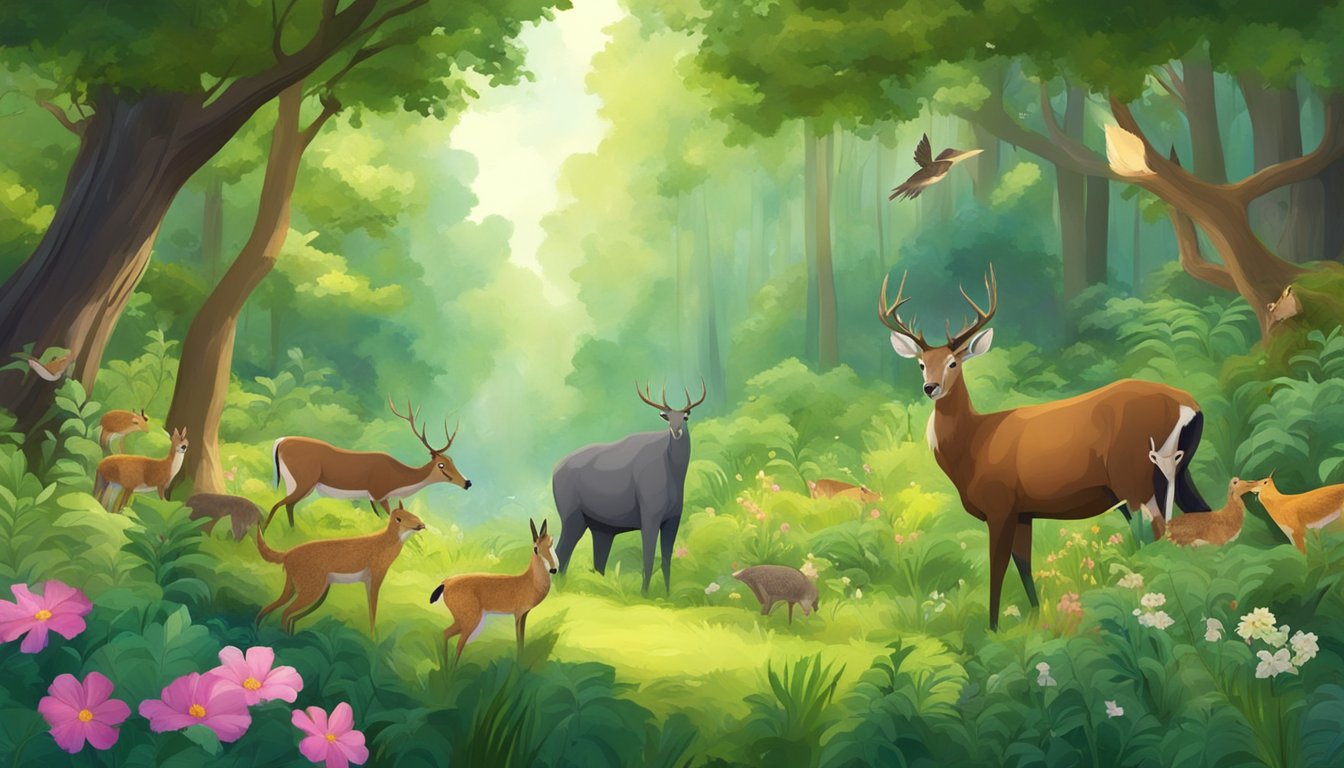 A lush forest clearing with a variety of wild animals foraging and basking in the sunlight, surrounded by vibrant green foliage and blooming flowers