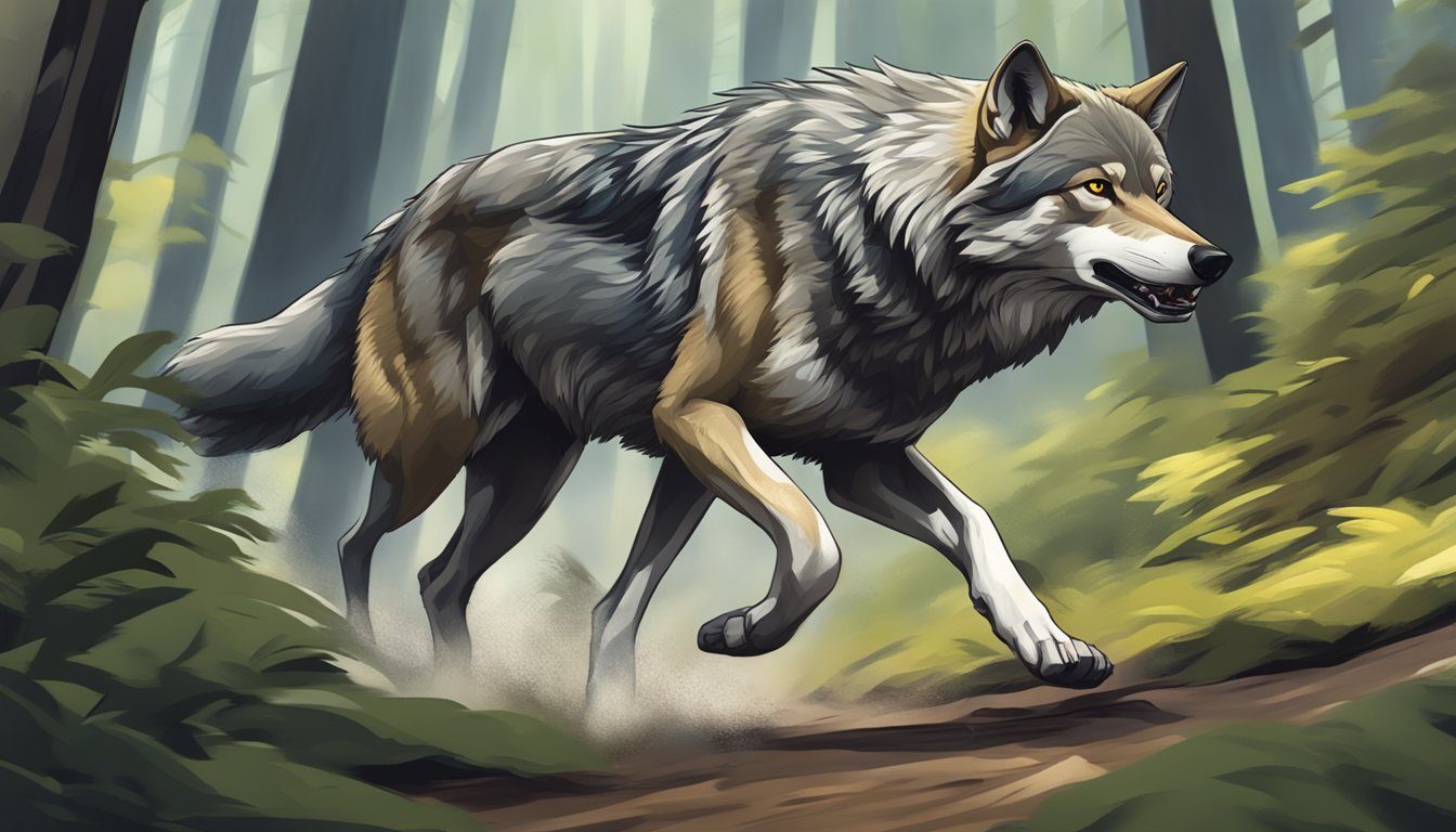 A wolf running through a forest, muscles rippling as it trains for endurance on the carnivore diet