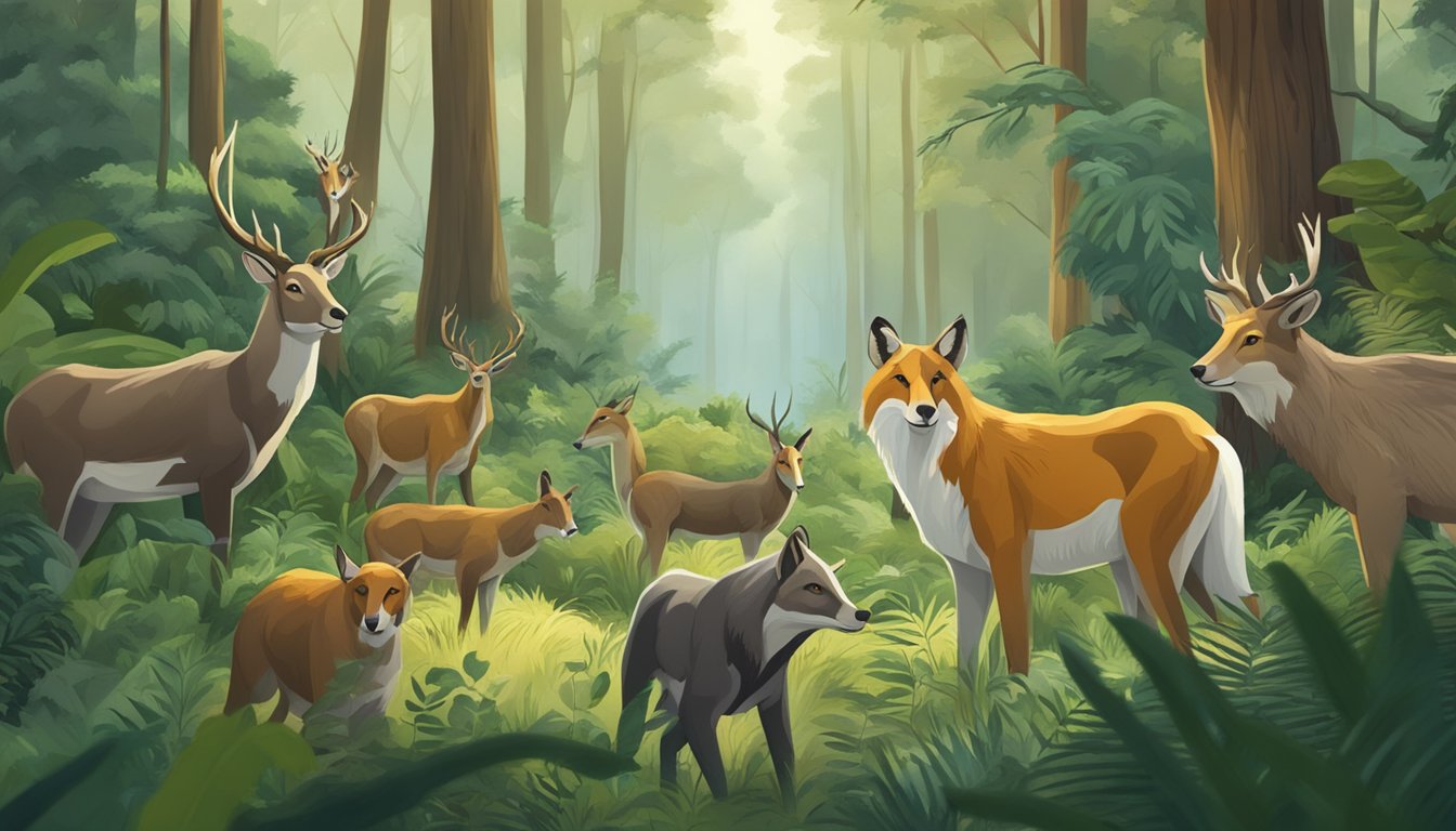 A pack of wild animals foraging in a forest, surrounded by lush greenery and the earthy scent of nature