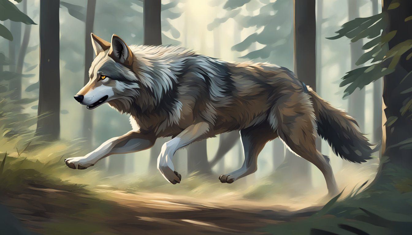 A wolf running through a forest, muscles tense, eyes focused, and breath steady, embodying the psychological and behavioral aspects of a carnivore diet and endurance training