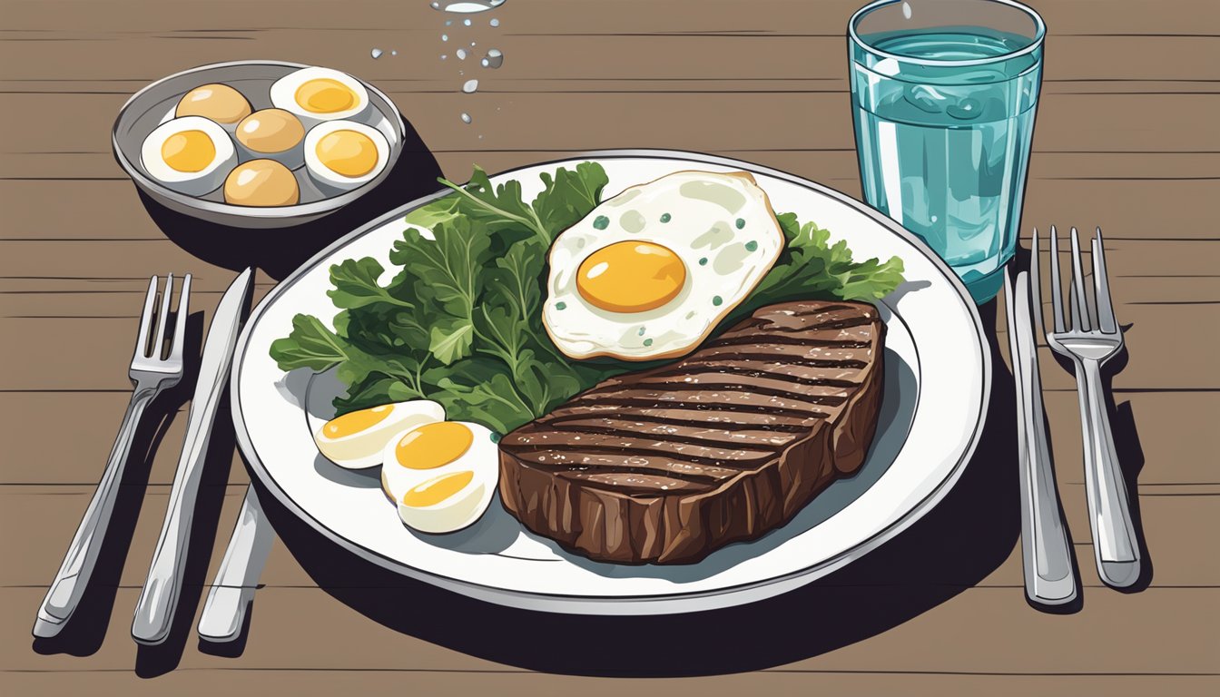 A carnivore athlete's meal: steak, eggs, and leafy greens on a plate with a glass of water