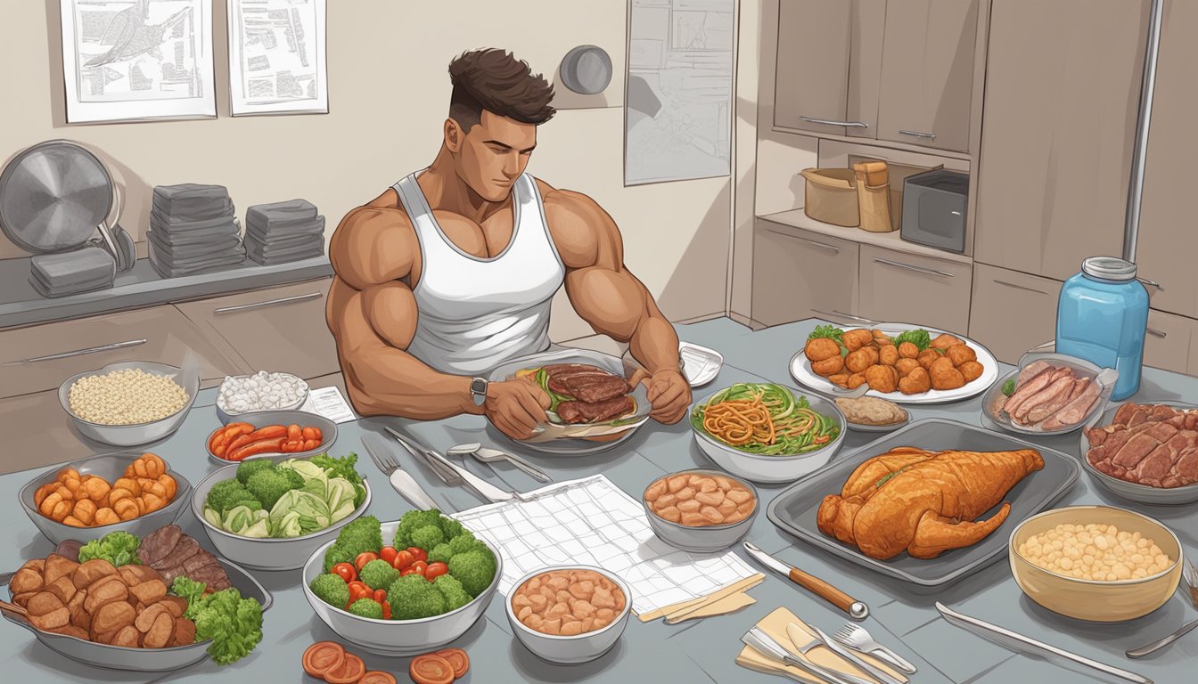 A carnivore athlete preparing a high-protein meal with various meats and vegetables, surrounded by sports equipment and a meal planning chart