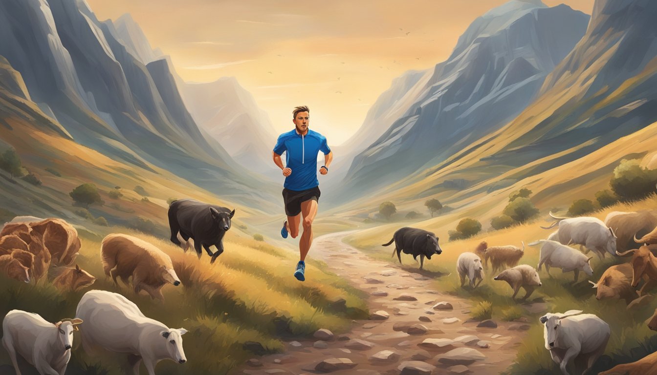 An endurance athlete running through a rugged landscape, surrounded by a variety of fresh meats and animal products