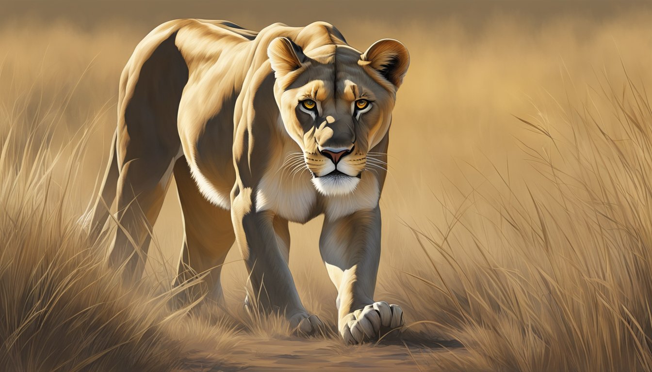 A lioness prowls through the savannah, her powerful muscles rippling beneath her sleek coat as she stalks her prey. The intense focus in her eyes reflects the mental stamina required to survive in the wild