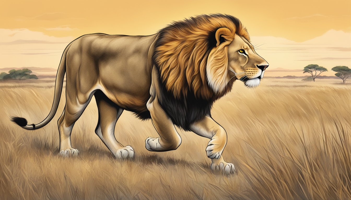 A lion prowling through the savannah, alert and focused, showcasing mental stamina on a carnivore diet