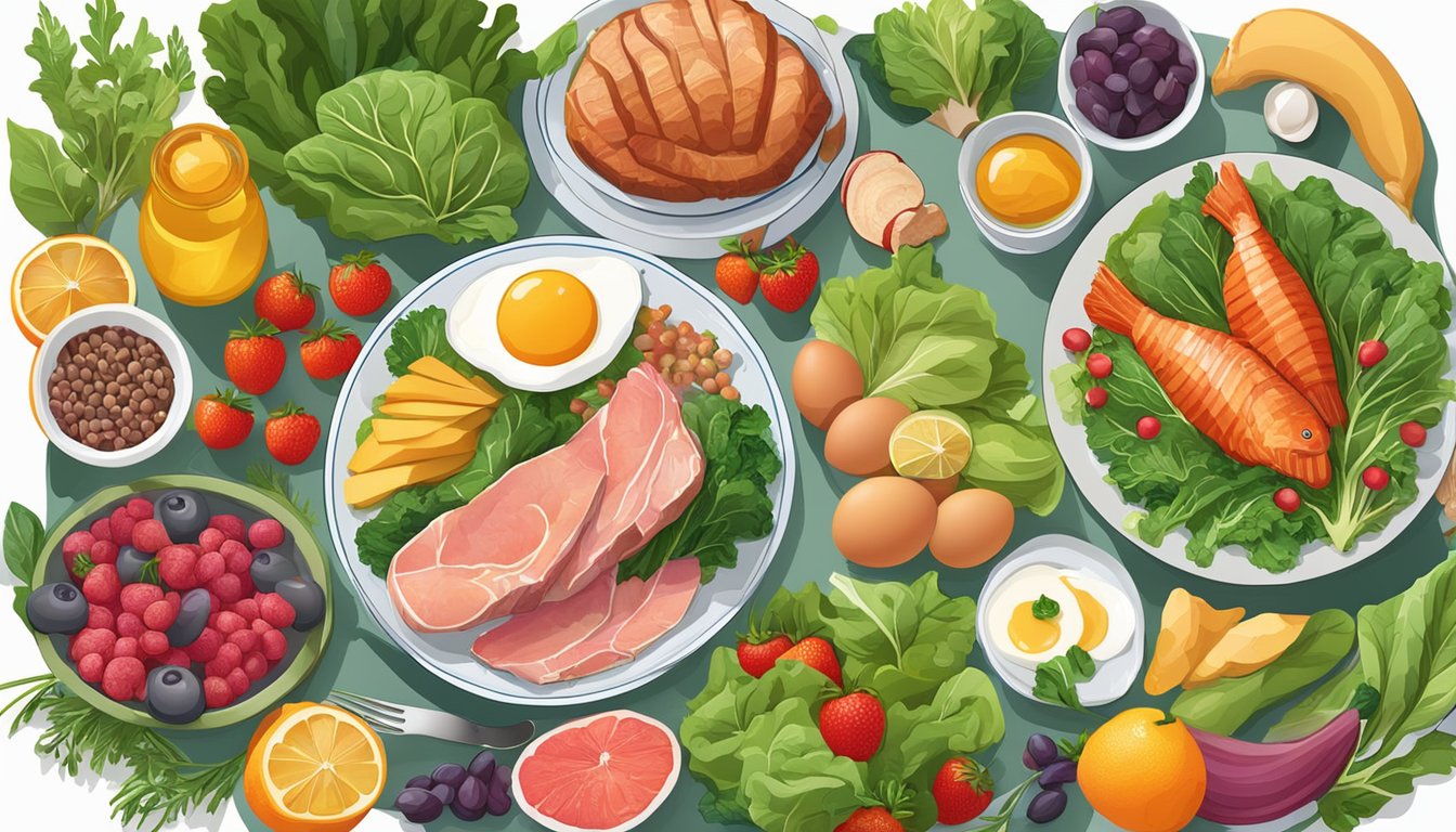 A table set with a variety of meats, fish, eggs, and leafy greens, surrounded by vibrant fruits and vegetables