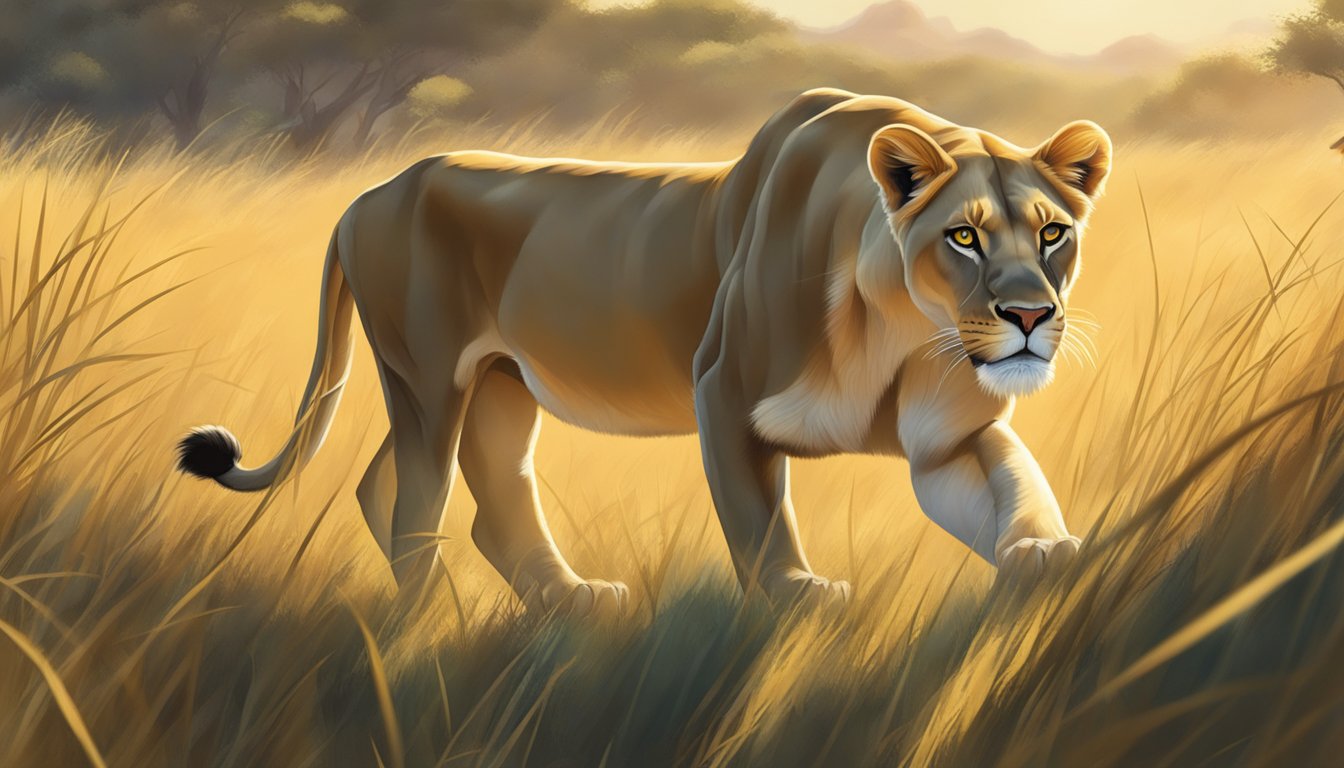 A lioness prowls through a grassy savanna, her sharp eyes focused on a distant target. The sun beats down on her sleek fur as she moves with purpose and determination