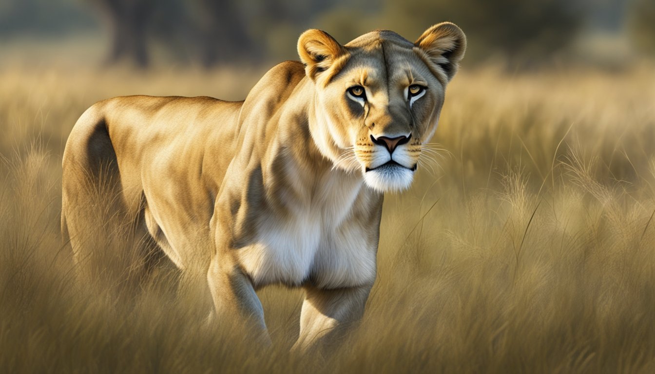 A lioness prowls through a grassy savanna, hunting for prey to provide the essential nutrients needed for fertility in her carnivore diet