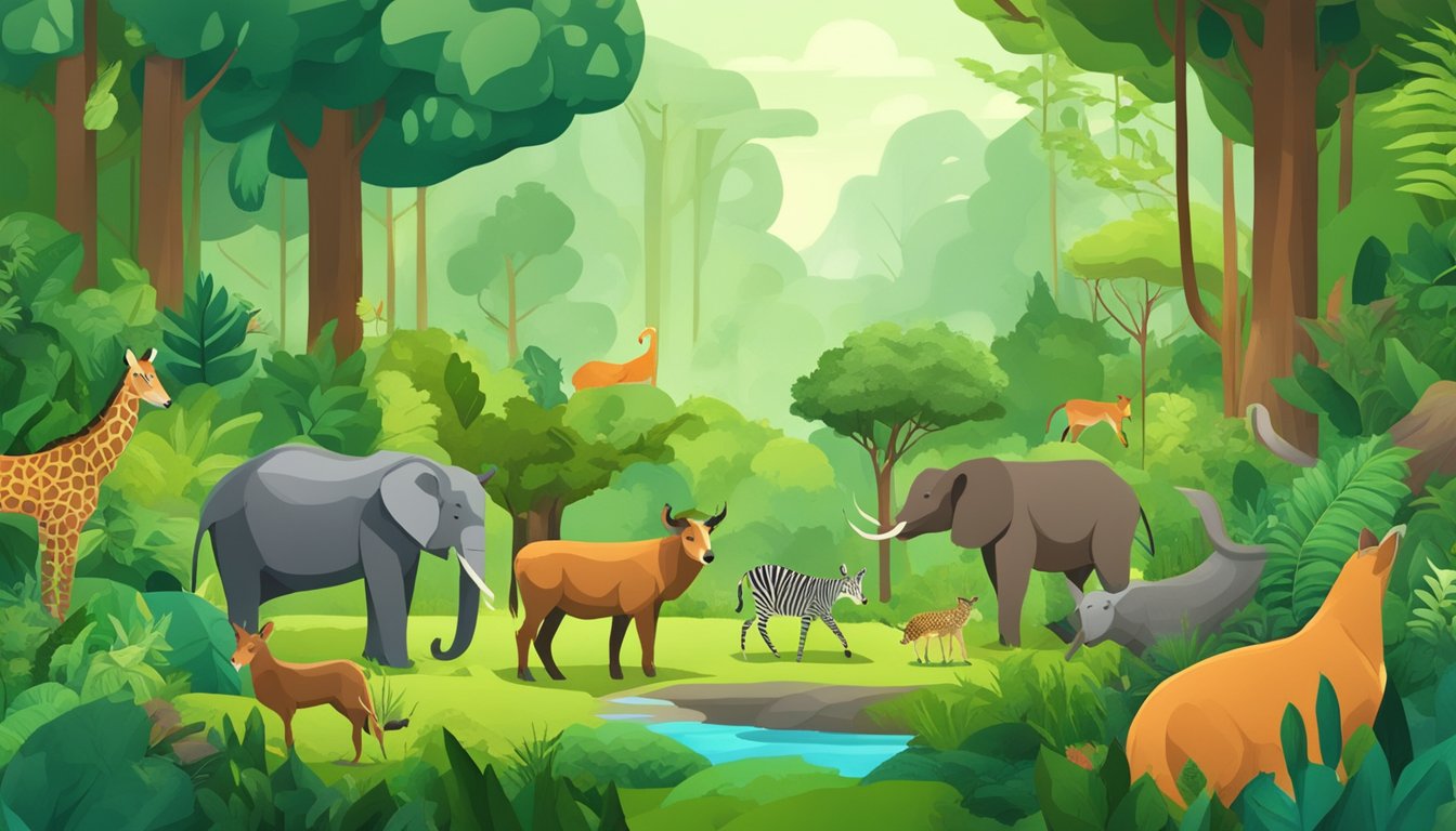 A lush forest with a variety of wild animals feeding on fresh, raw meat and vibrant green vegetation, showcasing the natural detoxification benefits of the carnivore diet