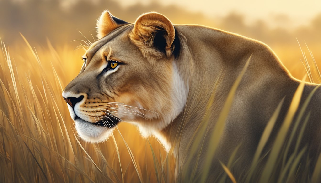 A lioness stalking through tall grass, her eyes focused and alert, as she hunts for prey in the golden light of the savanna