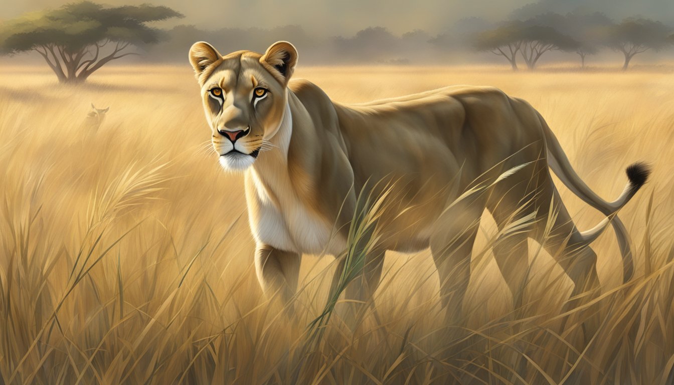 A lioness stalking through tall grass, her eyes focused on a distant target, while a herd of antelope grazes in the background