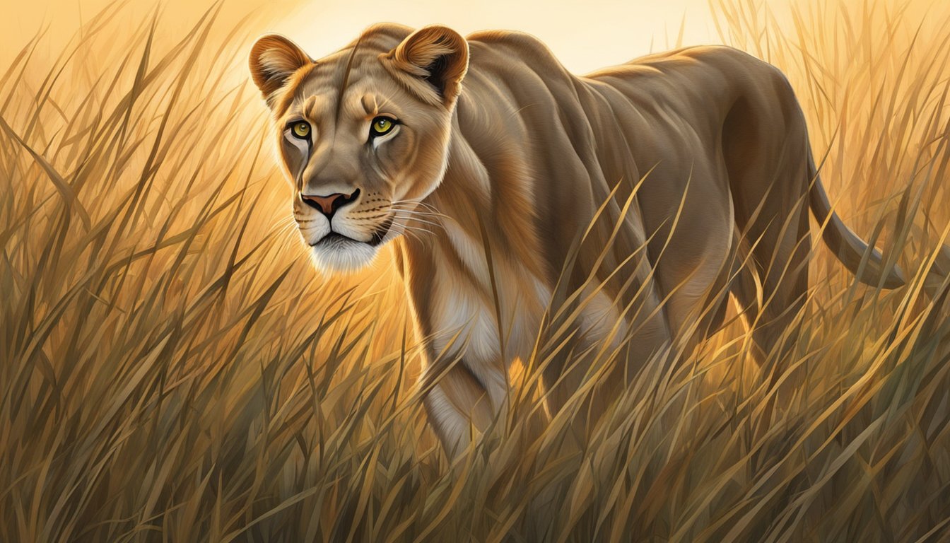 A lioness prowls through tall grass, her sleek muscles rippling as she scans the horizon for prey. The setting sun casts a warm glow over the savannah, highlighting her powerful form