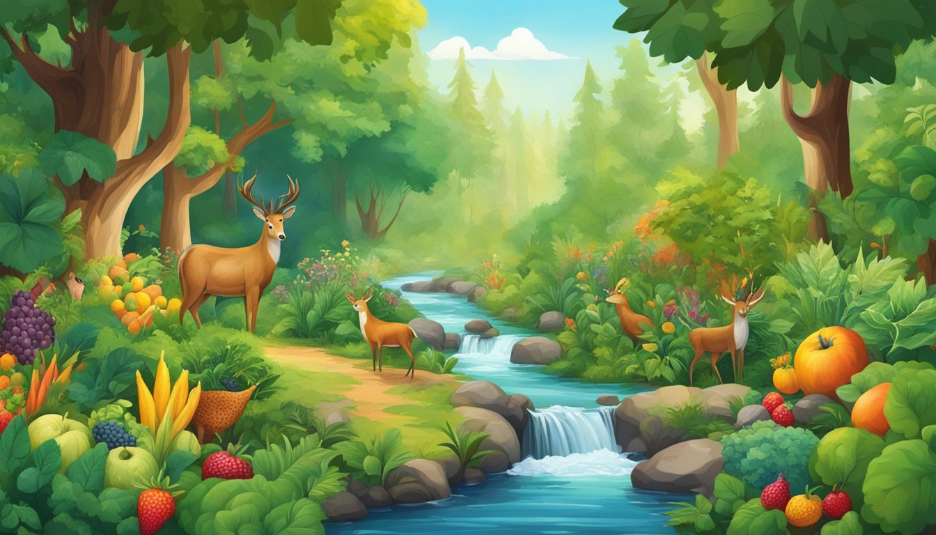 A lush forest with a stream, surrounded by vibrant green foliage and wildlife. An array of colorful fruits and vegetables grow abundantly, while animals roam freely