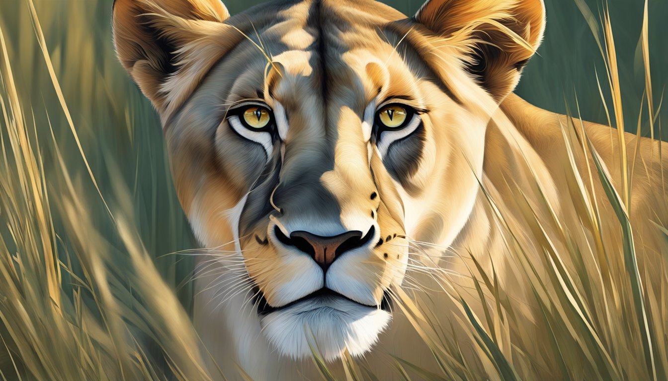 A lioness peers through tall grass, her eyes focused on a distant herd of antelope. The sunlight catches the glint in her eyes, showcasing her enhanced vision on a carnivore diet