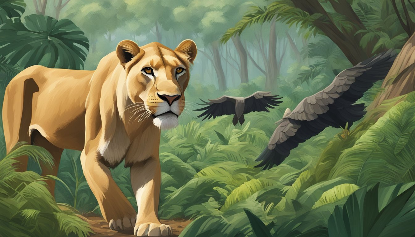 A lioness prowls through a lush jungle, stalking her prey. In the distance, a group of vultures circle overhead, waiting for their turn to scavenge