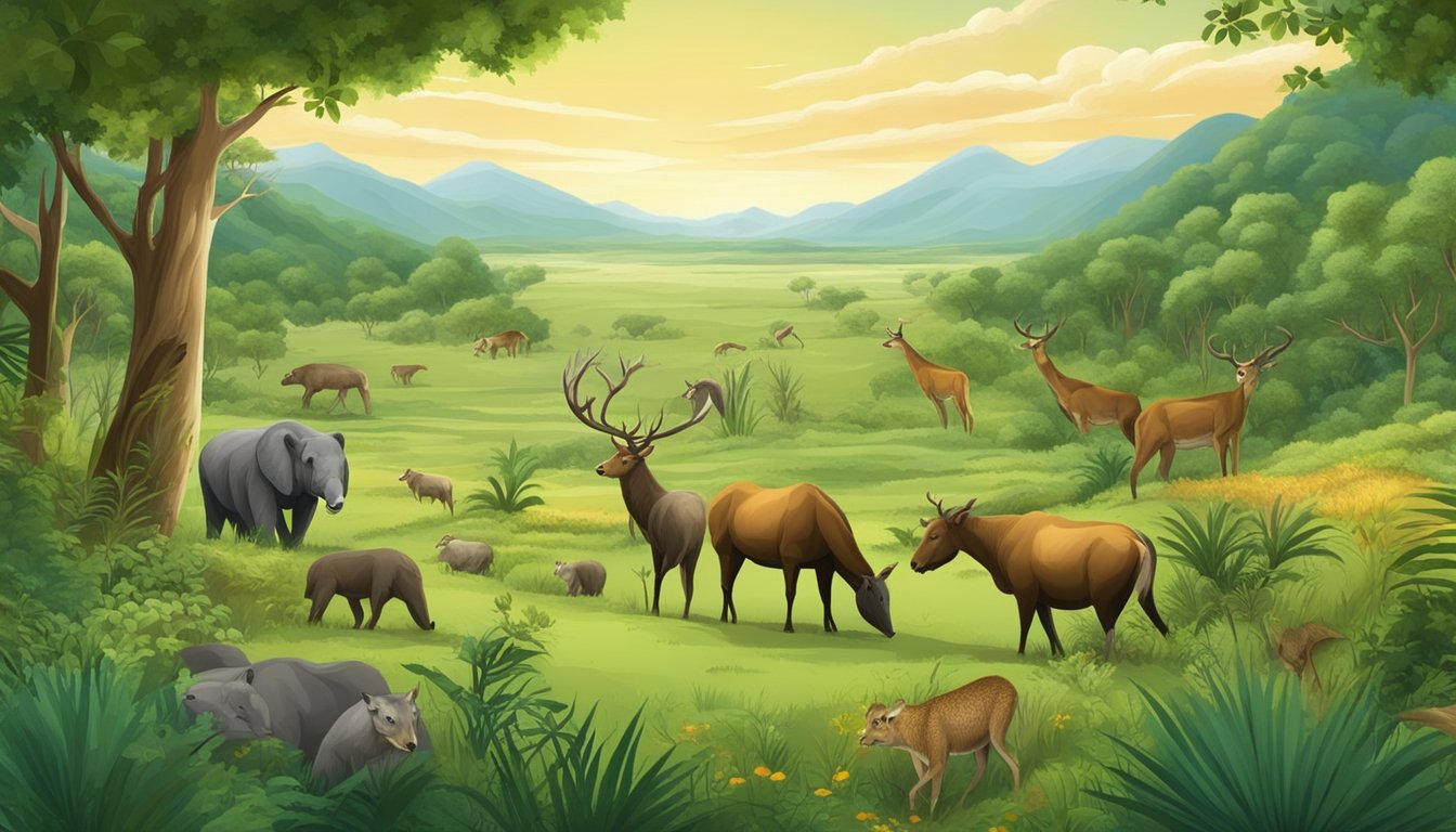 A lush, green landscape with a variety of wild animals grazing and hunting, showcasing the natural diet of carnivores and their role in the ecosystem