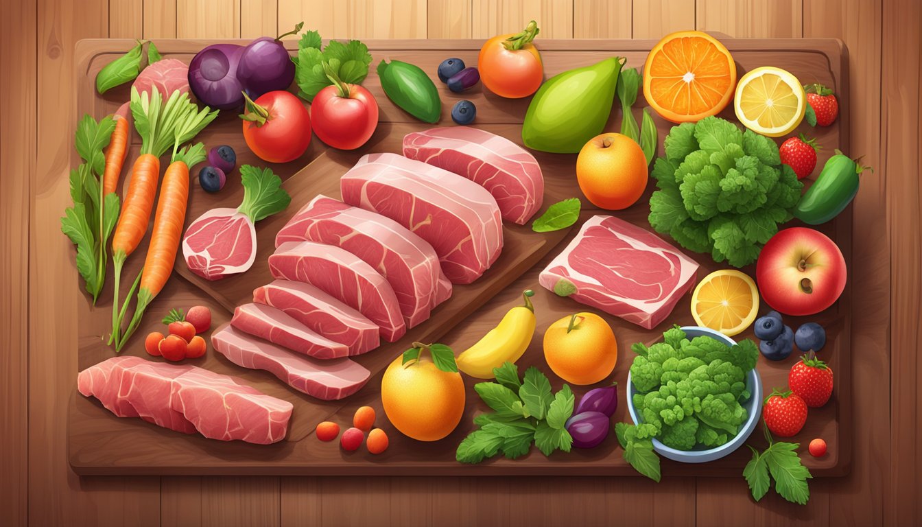 A variety of fresh, raw meats and organ meats arranged on a wooden cutting board, surrounded by vibrant, colorful fruits and vegetables