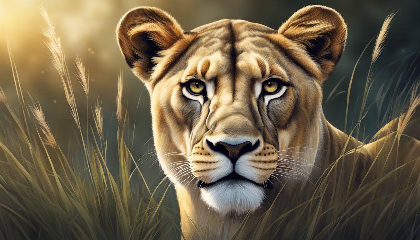 A lioness prowls through tall grass, her eyes sharp and alert in the moonlit savanna