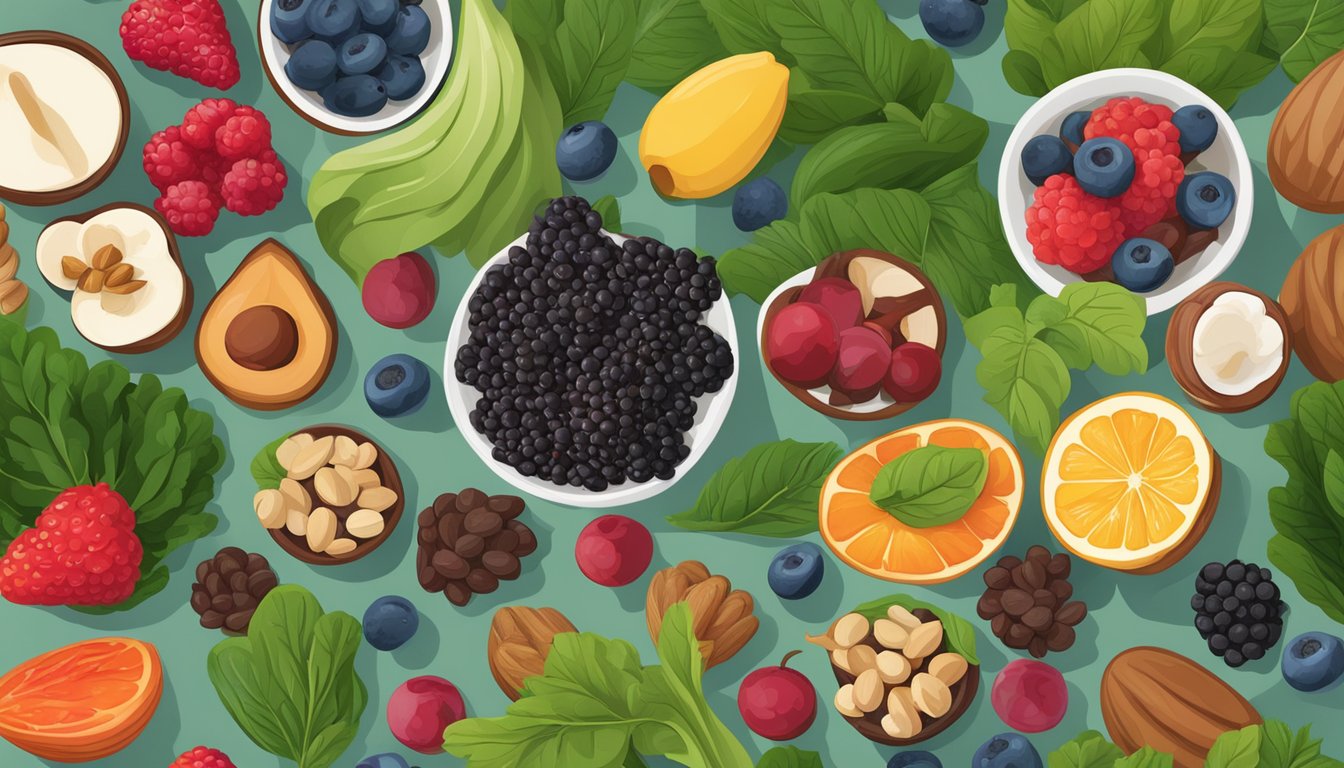 A variety of antioxidant-rich foods such as berries, nuts, and leafy greens arranged on a table