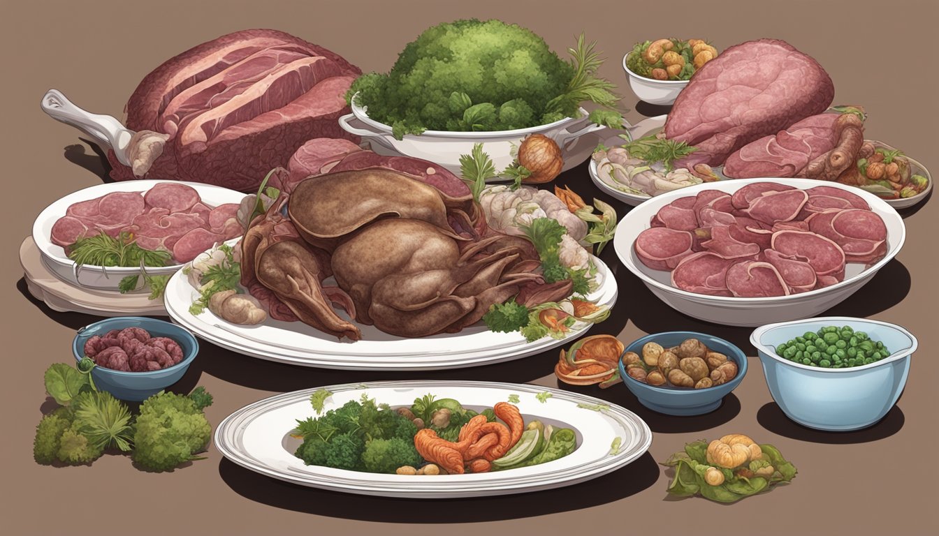 A table set with various offal dishes, including liver, kidneys, and heart, surrounded by carnivorous animals eagerly consuming the meal