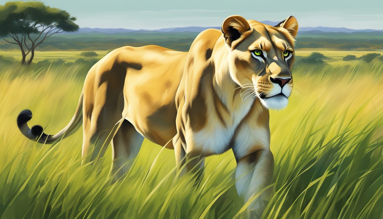 A lioness prowls through a grassy savanna, stalking her prey with focused determination. The vibrant green landscape contrasts with her sleek, powerful form