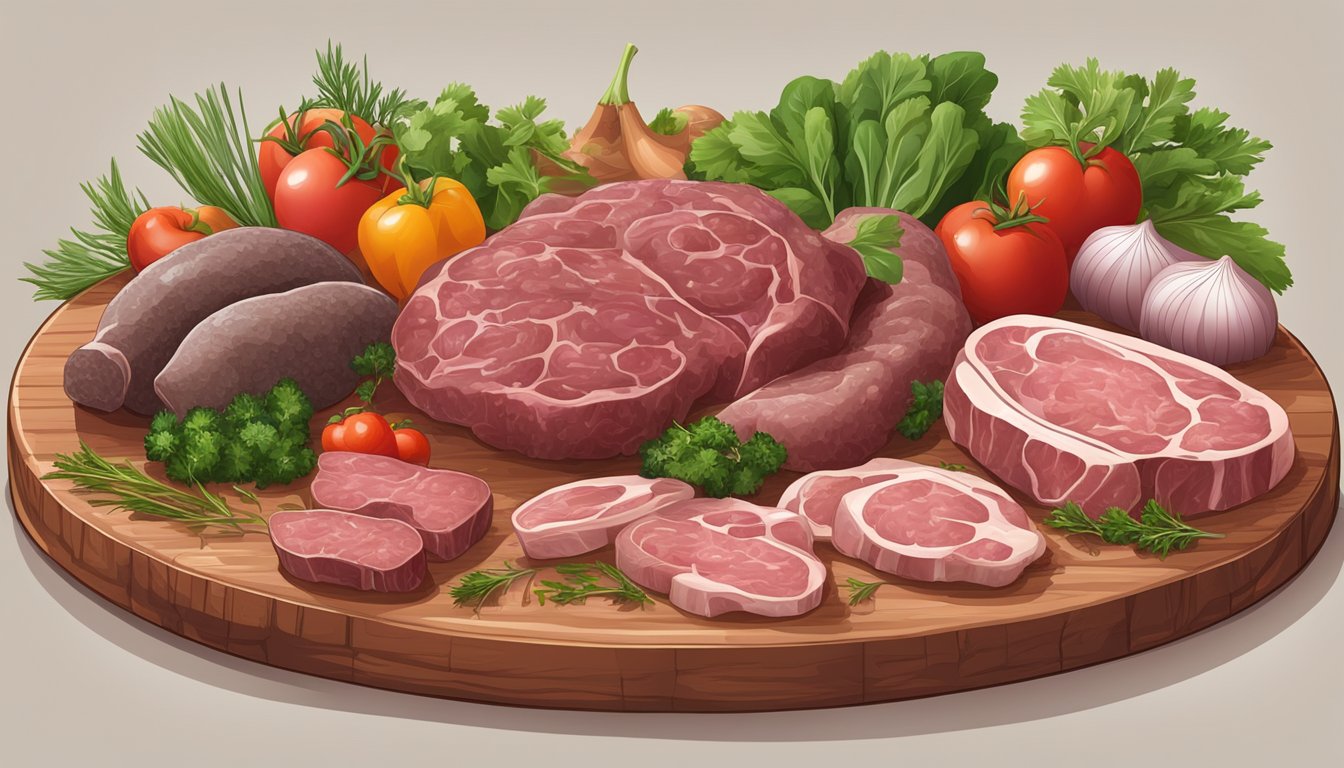 A variety of offal meats arranged on a wooden cutting board, including liver, heart, and kidneys, surrounded by fresh herbs and vegetables