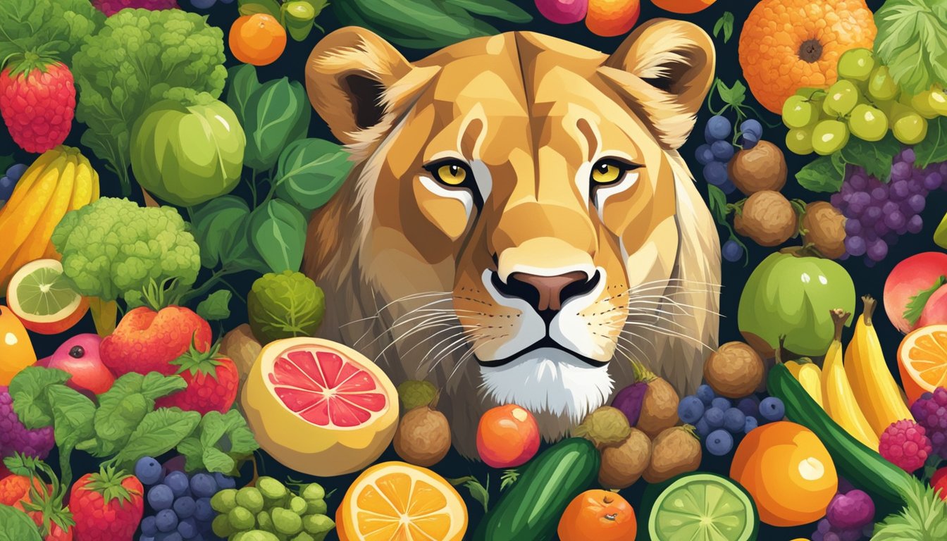 A lioness devouring a fresh kill, surrounded by a variety of colorful fruits and vegetables