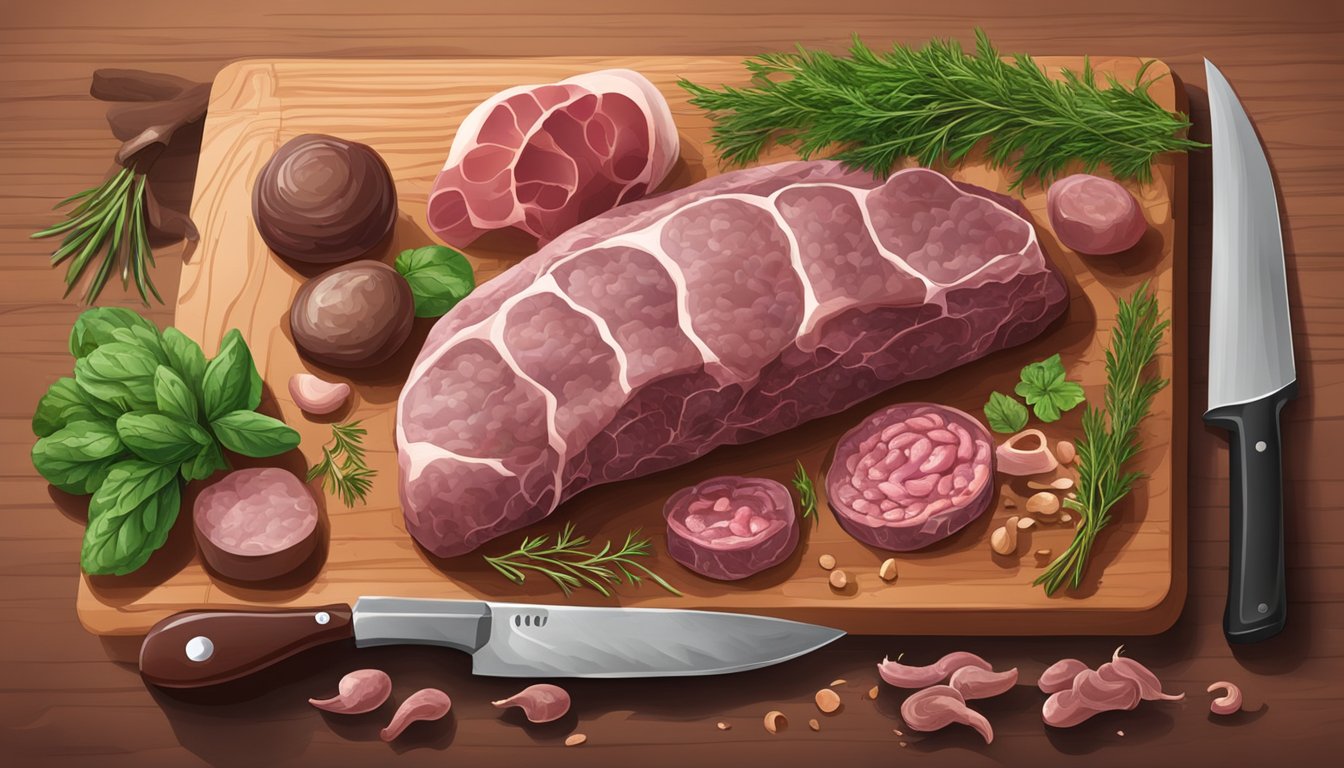 A variety of offal, including liver, heart, and kidneys, arranged on a cutting board with a sharp knife and herbs nearby