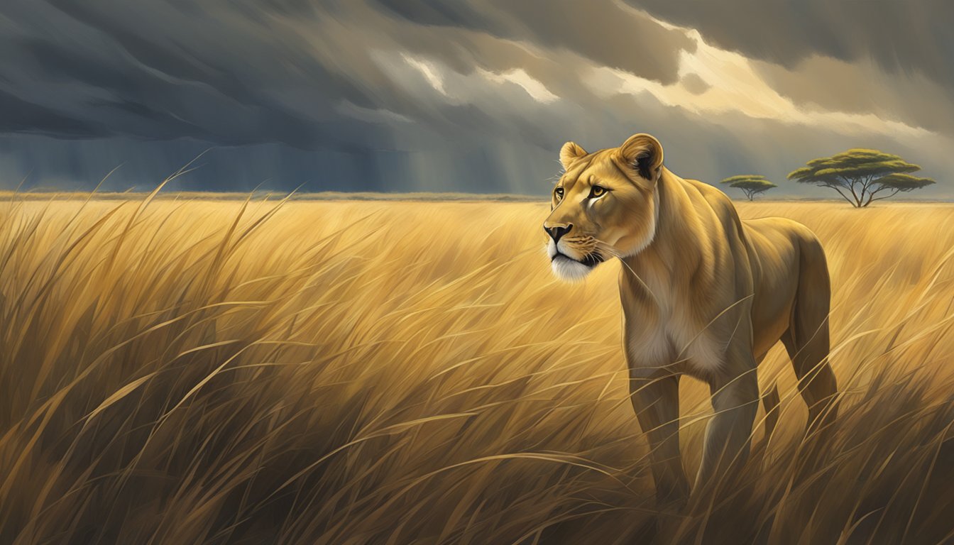 A lioness prowls through a vibrant savanna, stalking her prey under the watchful gaze of a stormy sky