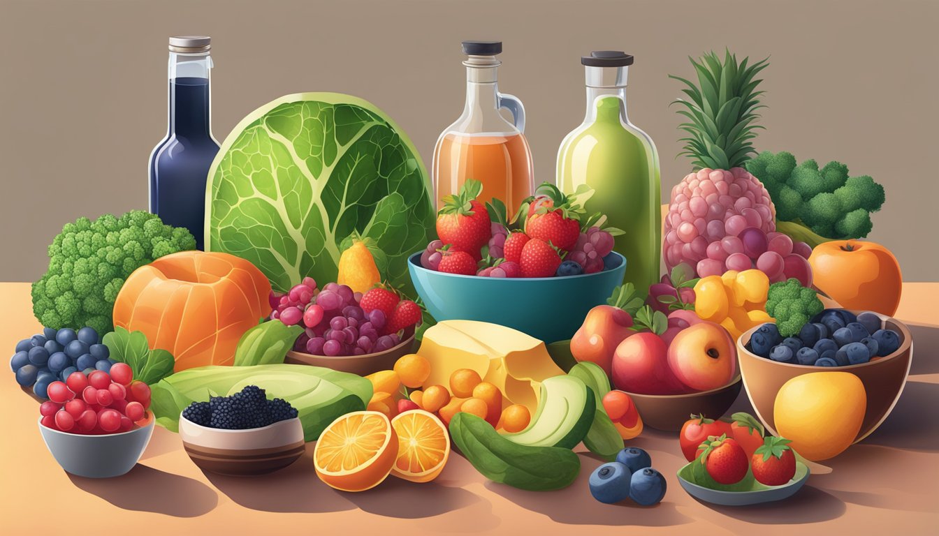 A variety of antioxidant-rich foods arranged on a table, including colorful fruits, vegetables, and meats. A glowing shield symbolizes the body's enhanced defense