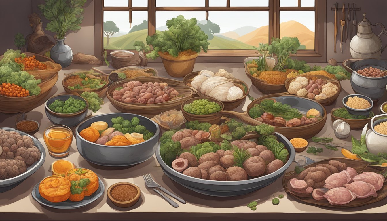 A table set with various animal offal dishes, surrounded by diverse cultural symbols and ethical farming imagery