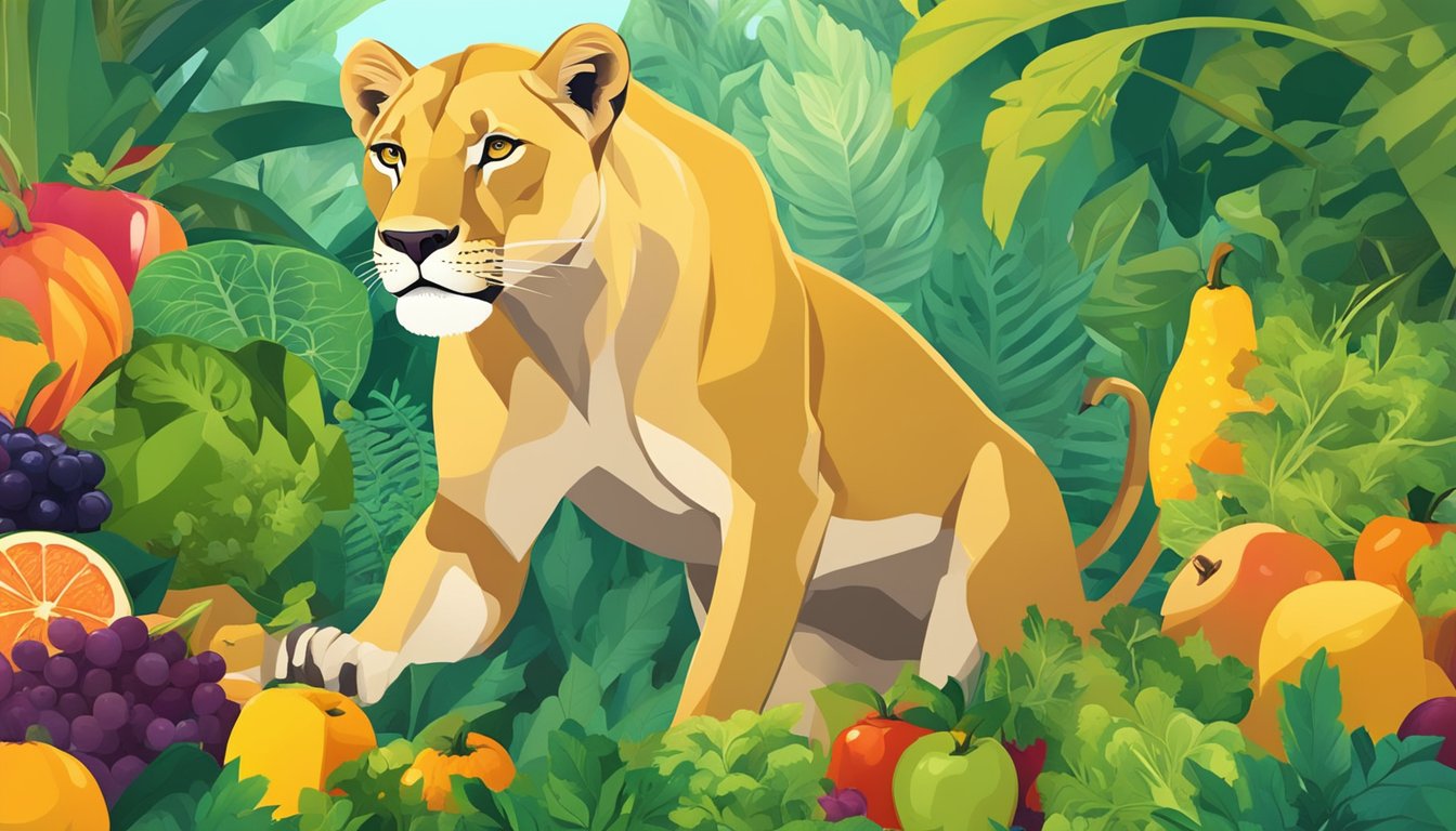 A lioness prowls through a lush jungle, her powerful muscles rippling beneath her golden coat. A vibrant array of fruits and vegetables surround her, symbolizing the diverse antioxidant benefits of a carnivore diet