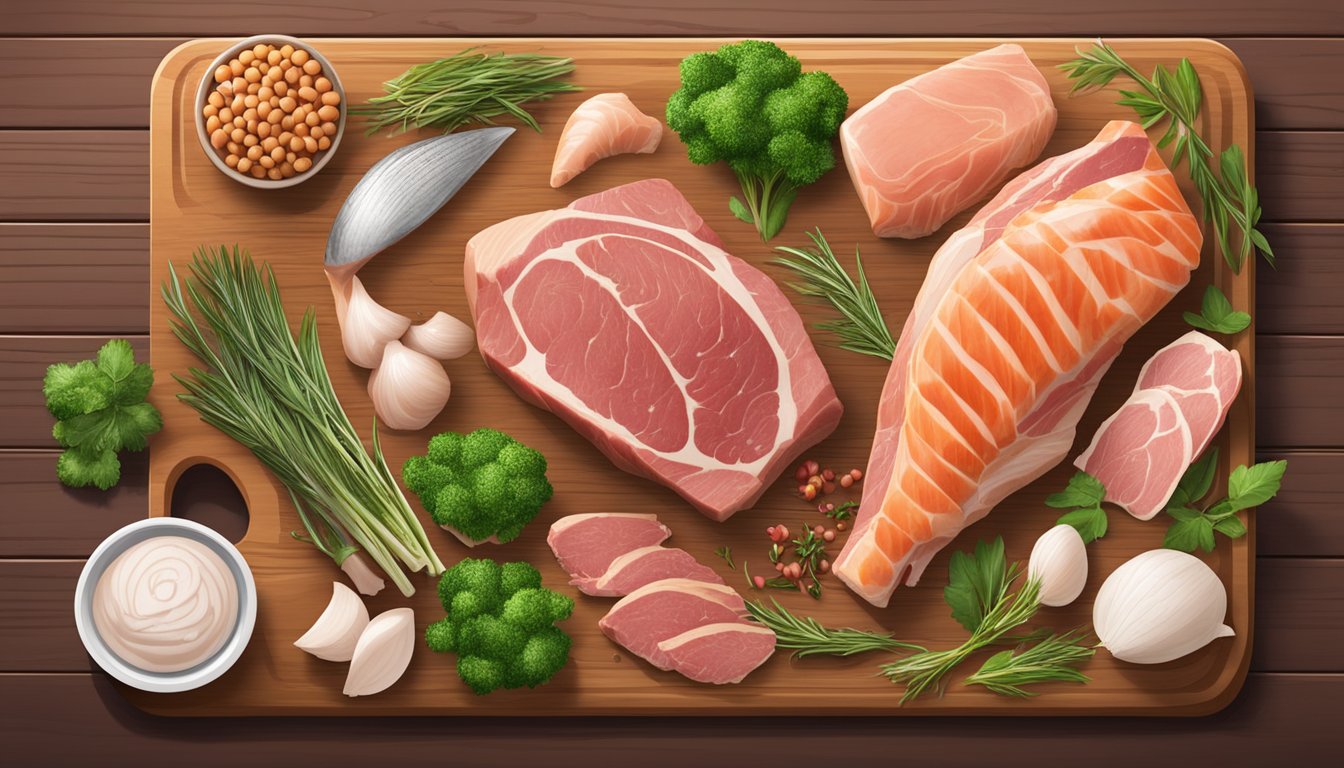 A variety of animal protein sources - such as beef, pork, chicken, and fish - arranged on a wooden cutting board with fresh herbs and seasonings