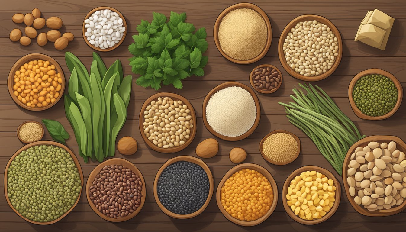 A variety of plant-based protein sources, such as beans, lentils, tofu, and quinoa, arranged on a wooden table for exploration