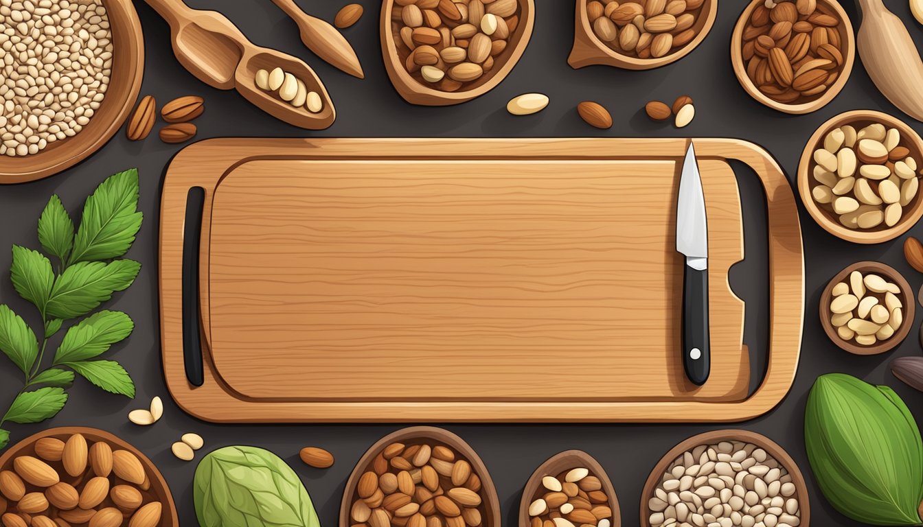 A variety of alternative protein sources such as nuts, seeds, and legumes arranged on a wooden cutting board with a knife