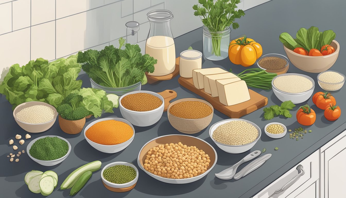 A kitchen counter with a variety of alternative protein sources such as tofu, tempeh, seitan, and lentils, alongside fresh vegetables and herbs