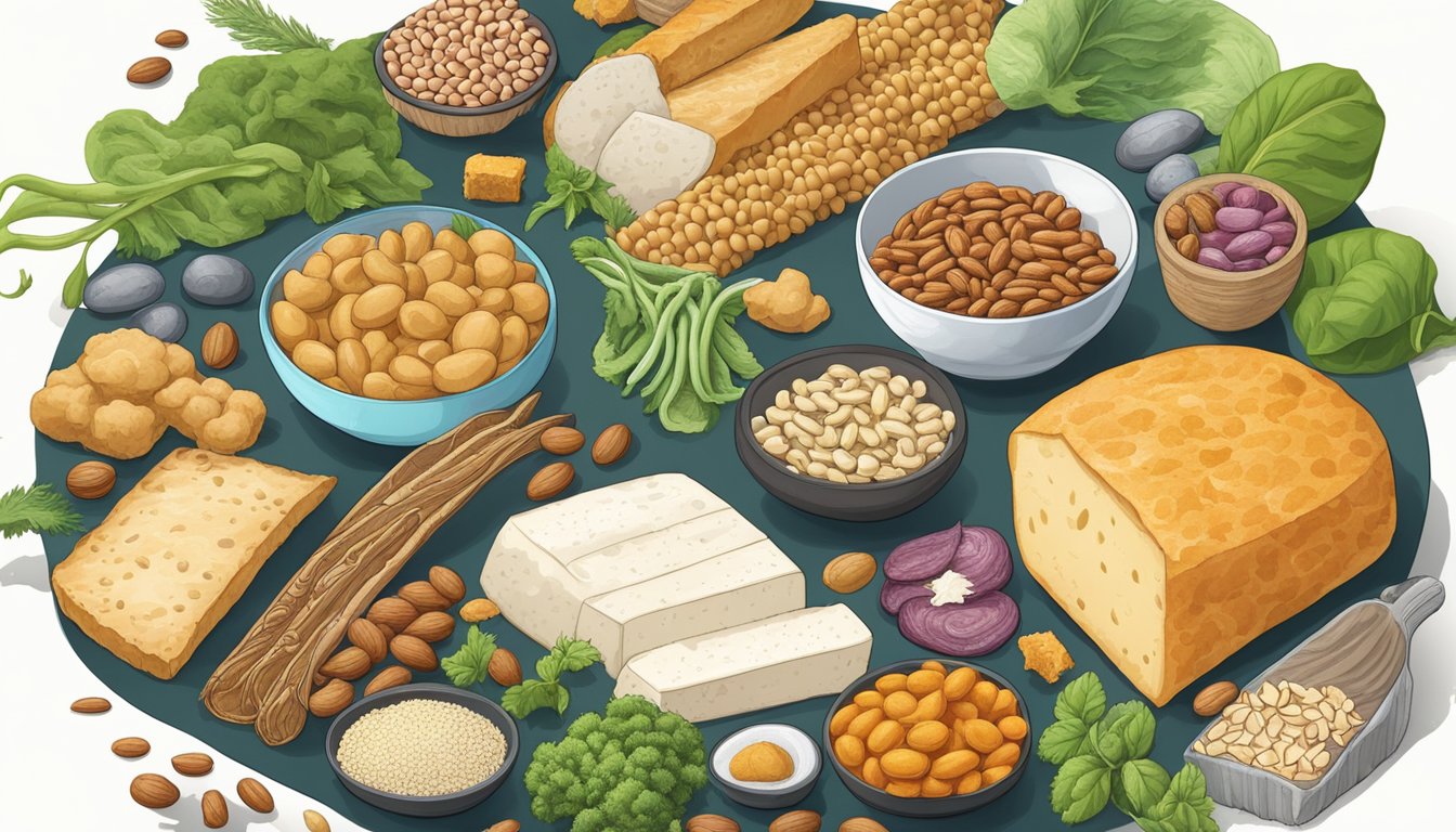 A carnivorous animal surrounded by various non-meat protein sources like beans, nuts, and tofu