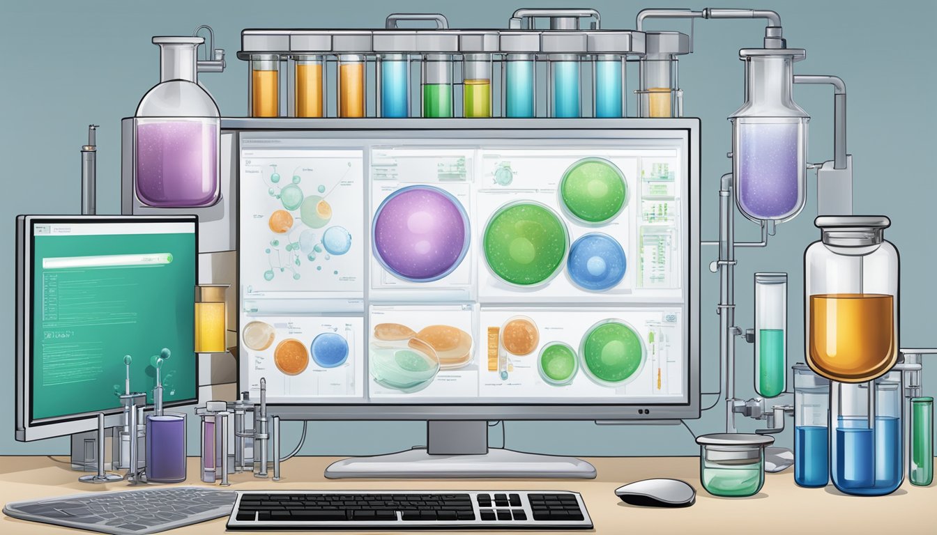 A laboratory setting with test tubes, petri dishes, and scientific equipment. A diagram of the biotoxin pathway is displayed on a computer screen