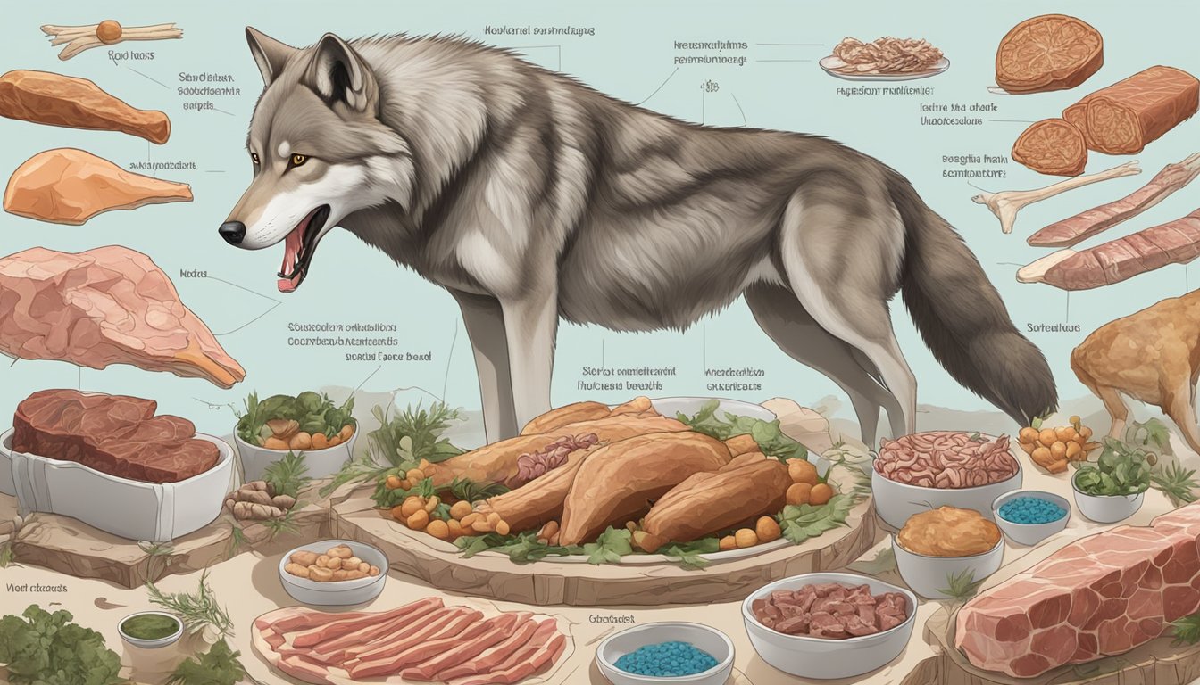 A wolf surrounded by various types of meat and bones, with a scientific diagram of the biotoxin pathway in the background