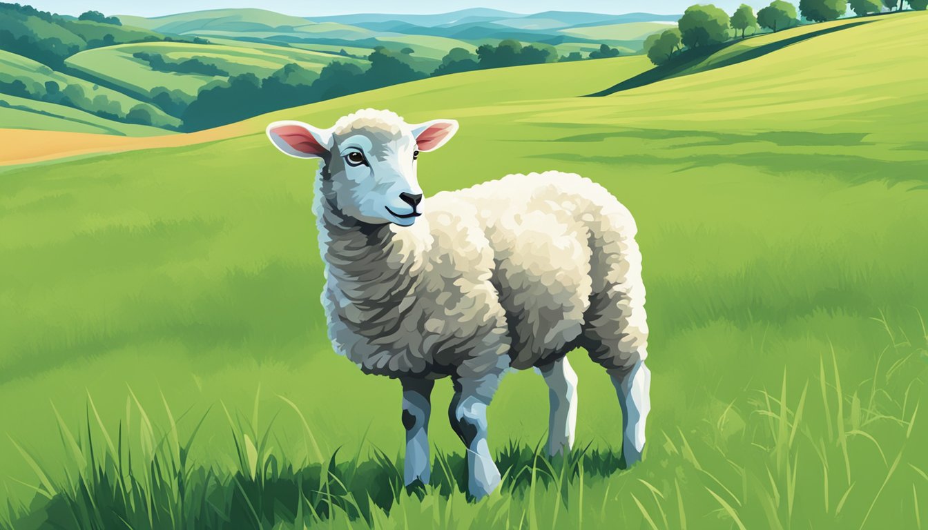 A lamb grazing in a lush green field, surrounded by rolling hills and a clear blue sky