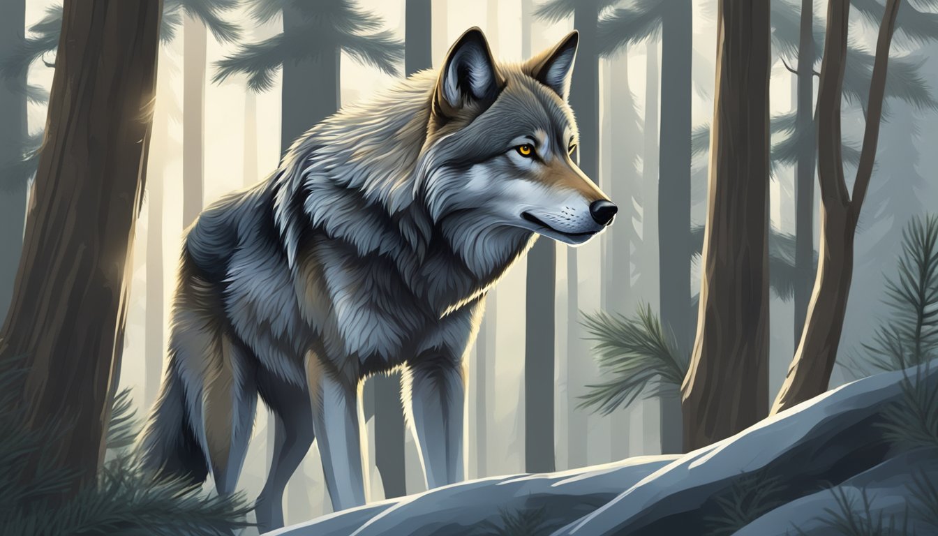 A wolf prowls through a dense forest, its keen eyes scanning for prey. The air is heavy with the scent of pine and damp earth