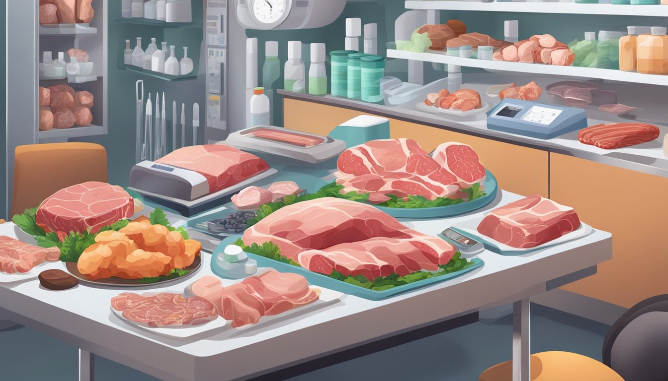 A table covered with various types of meat and animal products, surrounded by medical testing equipment and charts