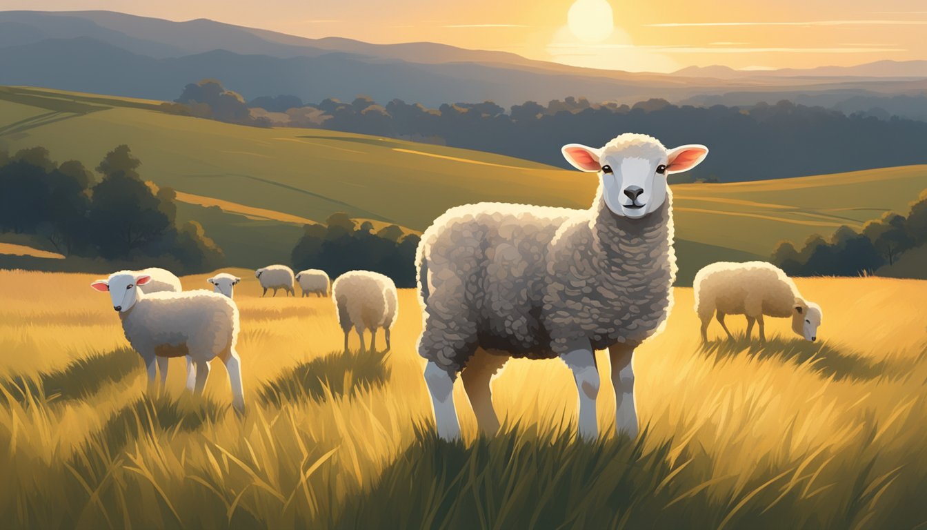 A lamb standing in a grassy field, surrounded by a few other grazing sheep. The sun is setting, casting a warm, golden light over the scene