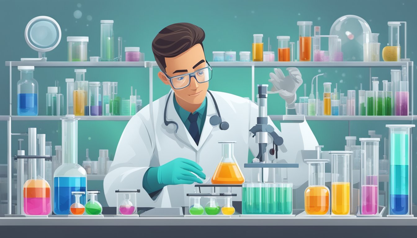 A laboratory technician conducts MARCoNS testing on a petri dish, surrounded by vials, test tubes, and scientific equipment